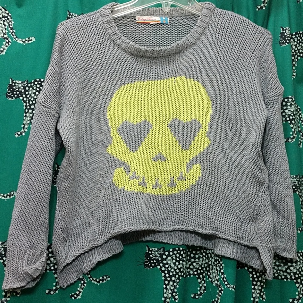 Cropped distressed neon skull sweater